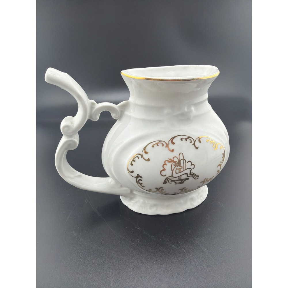 Vintage White Porcelain Spa Cup Mustache Mug Gold Filigree Deer Motif Spout